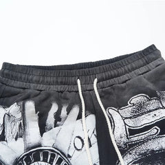 LOSTSHDWS Skull Print Distressed Rivet Loose Unisex Cotton Five‑Quarter Shorts