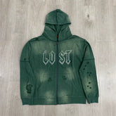 LOSTSHDWS Hot‑Fix Diamond Letter Print Washed Distressed Loose Unisex Zip‑Up Hooded Cardigan Jacket
