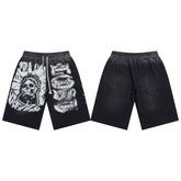 LOSTSHDWS Skull Print Distressed Rivet Loose Unisex Cotton Five‑Quarter Shorts