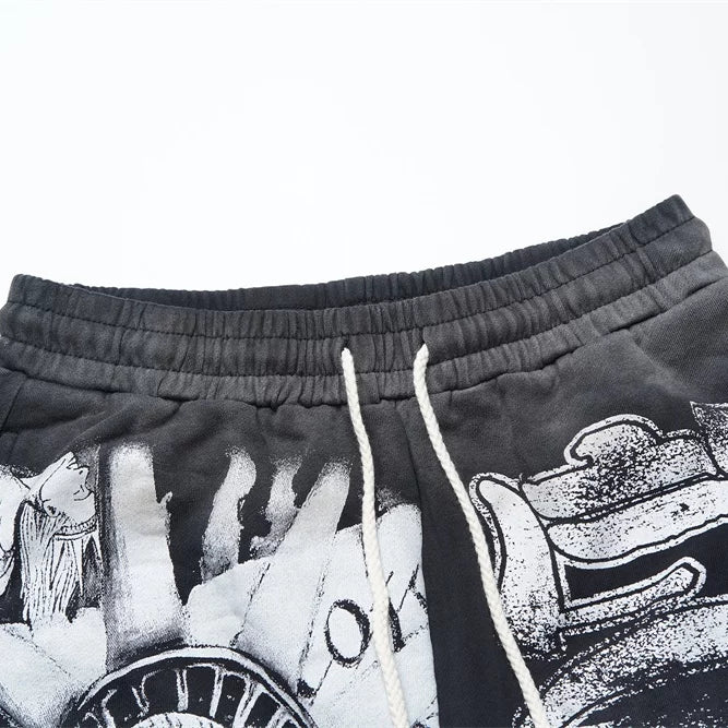 LOSTSHDWS Skull Print Distressed Rivet Loose Unisex Cotton Five‑Quarter Shorts