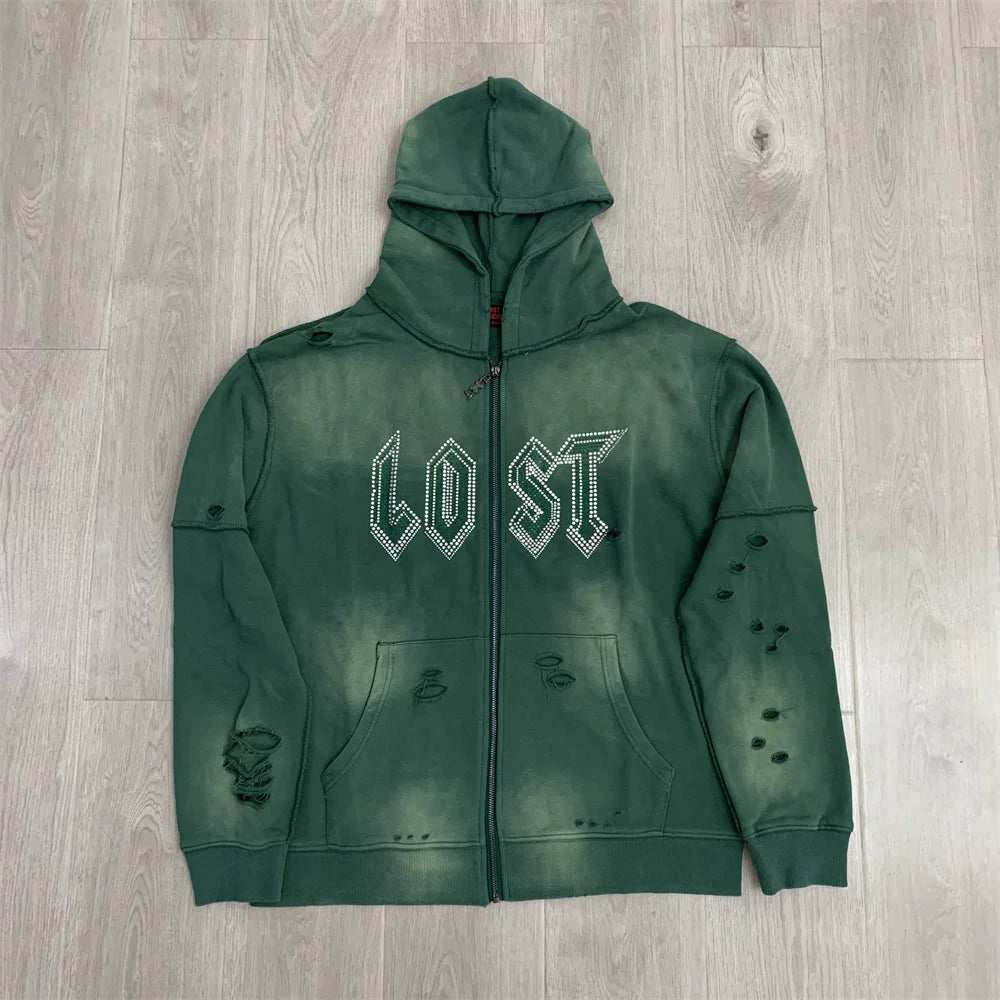 LOSTSHDWS Hot‑Fix Diamond Letter Print Washed Distressed Loose Unisex Zip‑Up Hooded Cardigan Jacket