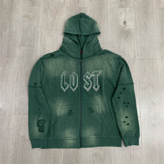 LOSTSHDWS Hot‑Fix Diamond Letter Print Washed Distressed Loose Unisex Zip‑Up Hooded Cardigan Jacket