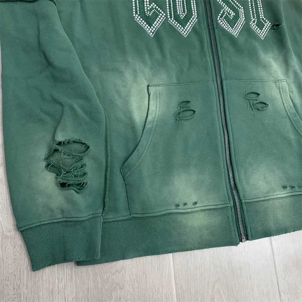 LOSTSHDWS Hot‑Fix Diamond Letter Print Washed Distressed Loose Unisex Zip‑Up Hooded Cardigan Jacket