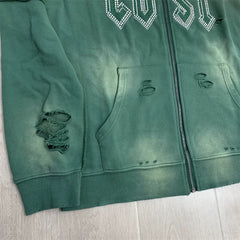 LOSTSHDWS Hot‑Fix Diamond Letter Print Washed Distressed Loose Unisex Zip‑Up Hooded Cardigan Jacket