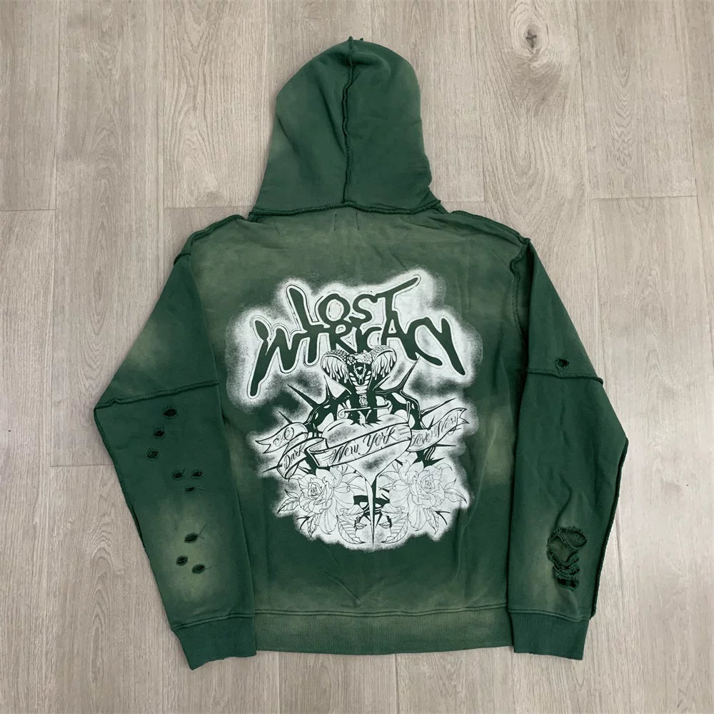 LOSTSHDWS Hot‑Fix Diamond Letter Print Washed Distressed Loose Unisex Zip‑Up Hooded Cardigan Jacket