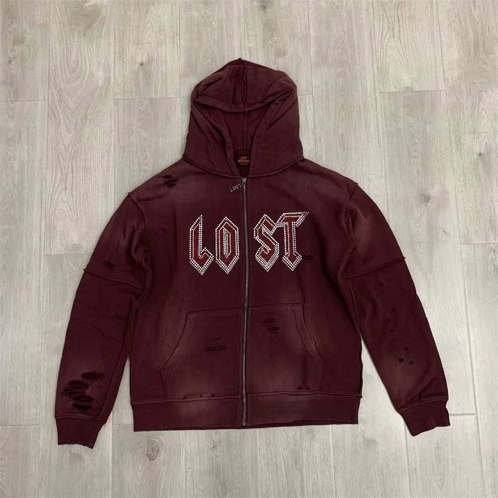 LOSTSHDWS Hot‑Fix Diamond Letter Print Washed Distressed Loose Unisex Zip‑Up Hooded Cardigan Jacket