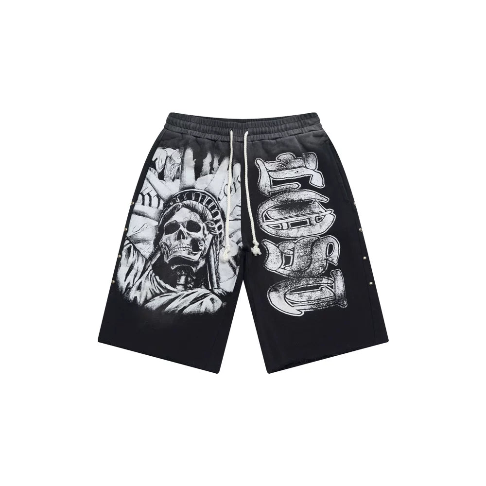LOSTSHDWS Skull Print Distressed Rivet Loose Unisex Cotton Five‑Quarter Shorts
