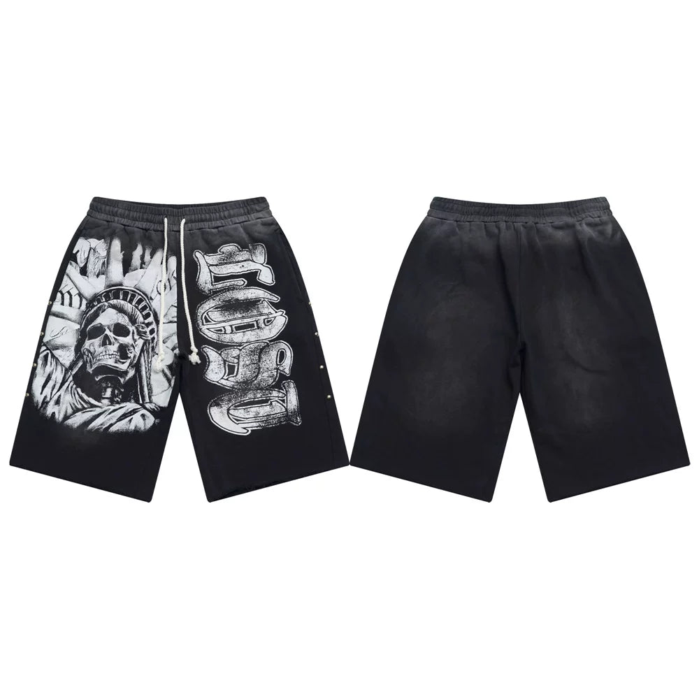 LOSTSHDWS Skull Print Distressed Rivet Loose Unisex Cotton Five‑Quarter Shorts