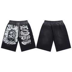 LOSTSHDWS Skull Print Distressed Rivet Loose Unisex Cotton Five‑Quarter Shorts